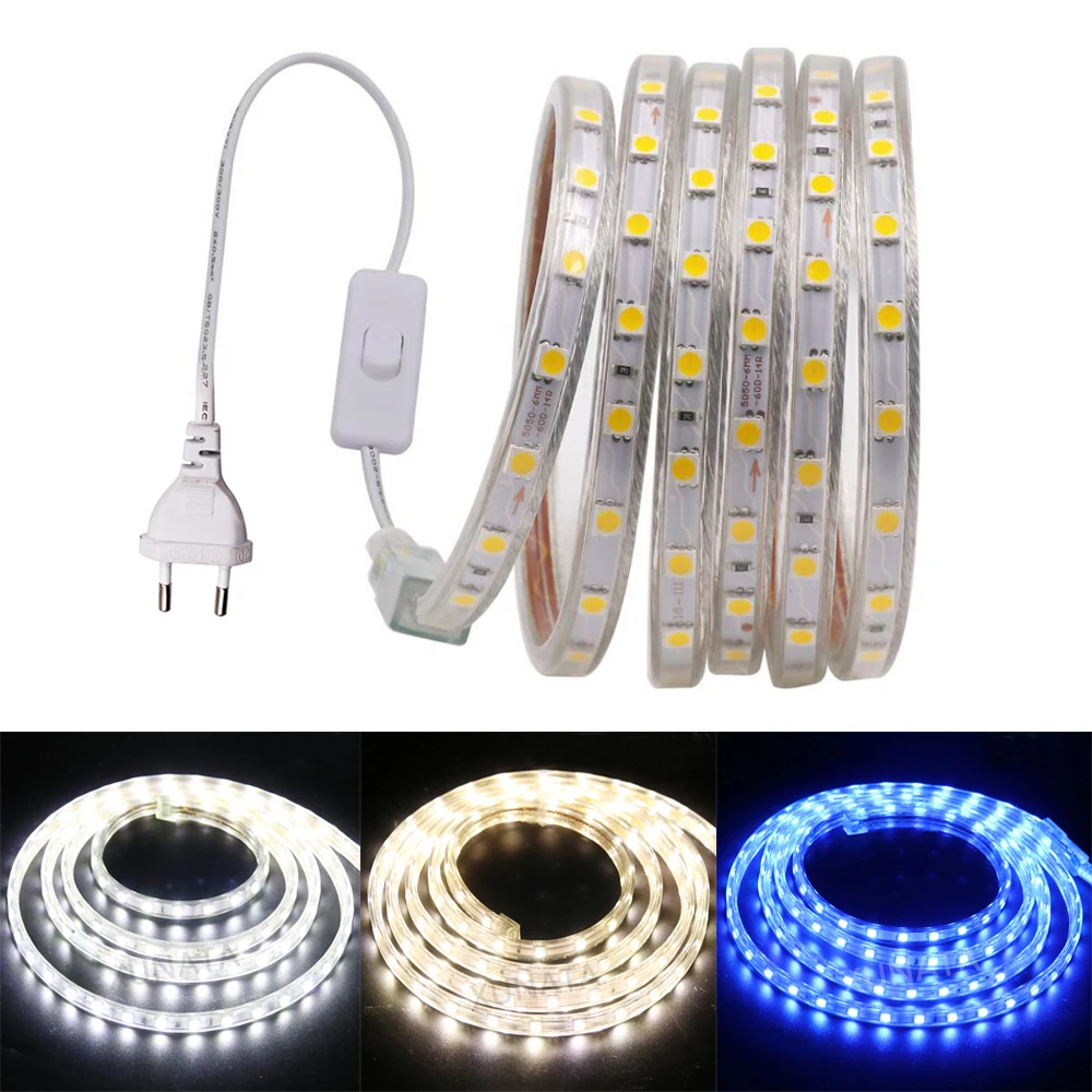 conduziu a luz de tira impermeavel 5050 60led m corda flexivel da lampada com ligar desligar interruptor plug decoracao para casa 1m 10m 20m 100m 220v 110v 01