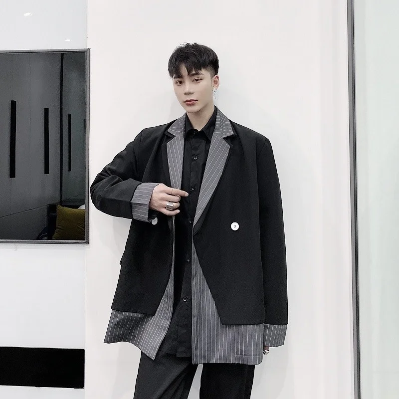 Men Gothic Patchwork Midi Long Blazer Casual Jacket Loose Fit Designer Spring Autumn Fashion Fake Two Piece Suit Coat Outerwear