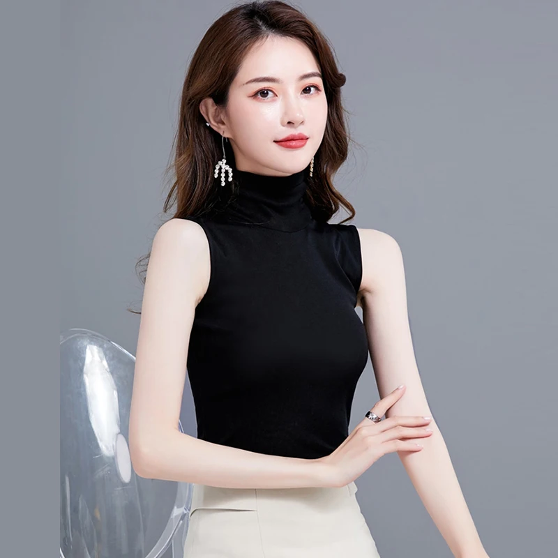 Summer Tops For Women 2024 Turtleneck Basic Sleeveless Lace Tank Tops Women Female Top Korean Tees Black White Blue