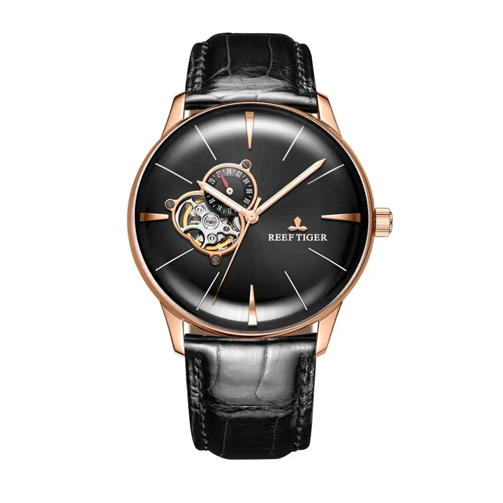Reef Tiger Men Automatic Watch 43MM Mechanical Wristwatch Sapphire Mirror Luminous Skeleton 24 Hours
