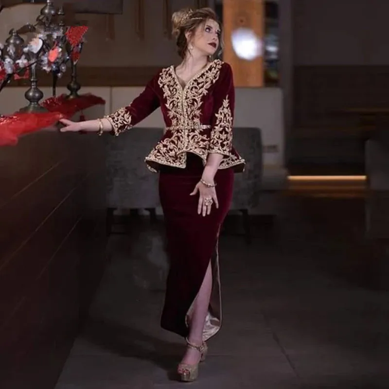 

Burgundy Moroccan Kaftan Caftan Muslim Evening Dresses Sheath 3/4 Sleeves Appliques Dubai Arabic Turkey Abaya Islamic Gown