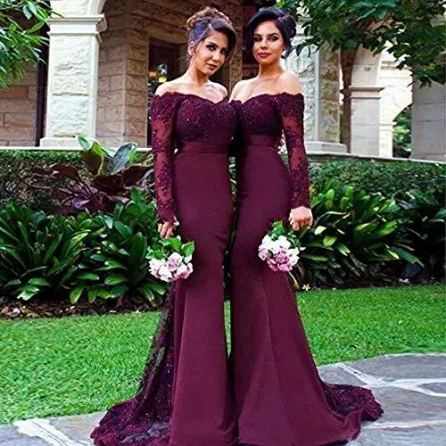 Abiti da sera a sirena a maniche lunghe 2019 nuovo Off the Shoulder abito da ballo a maniche lunghe Prom Illusion Appliques pizzo alta qualità