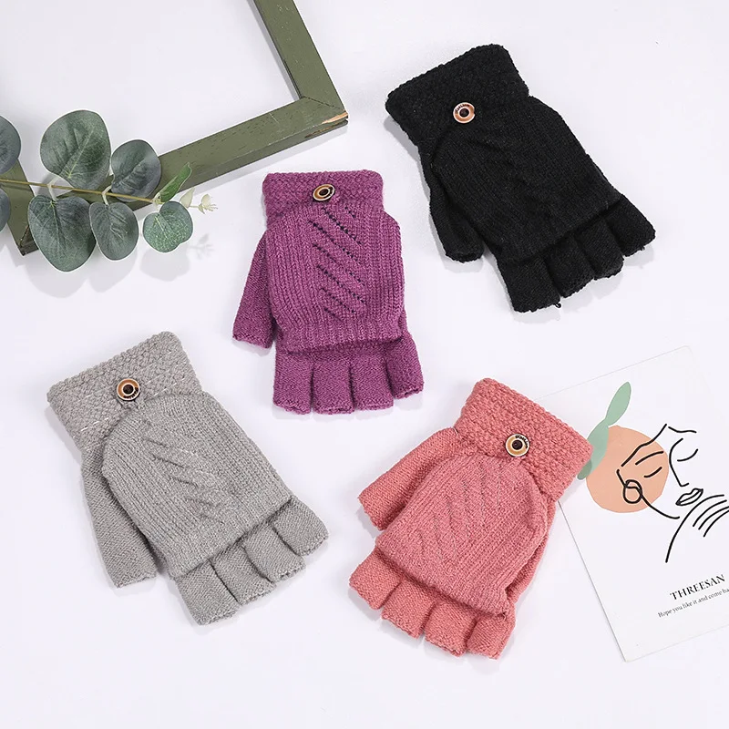 Guantes de punto gruesos para mujer, guantes de medio dedo con tapa para invierno, guantes sin dedos a la moda