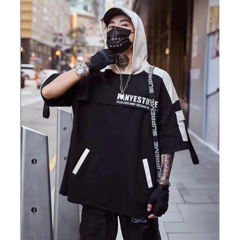 2024 New Men Hip Hop T Shirt High Street T-Shirt Streetwear T-Shirt Oversized Summer Black Tops Tees Hooded Korean T Shirts Male