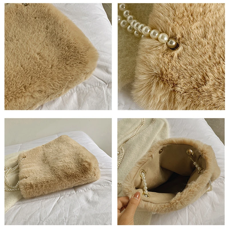 Solid Furry Luxury Designer Handbag Soft Fluffy Bags Fur Shoulders Bags Plush Tote Bags Pearl Bag For Women 2022 Winter New Sac