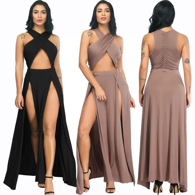 Sexy Cross Strap Off Shoulder Solid Color Split Black Long Dress 2020 Summer Women Asymmetrical Party Club Dress Plus Size M-3XL