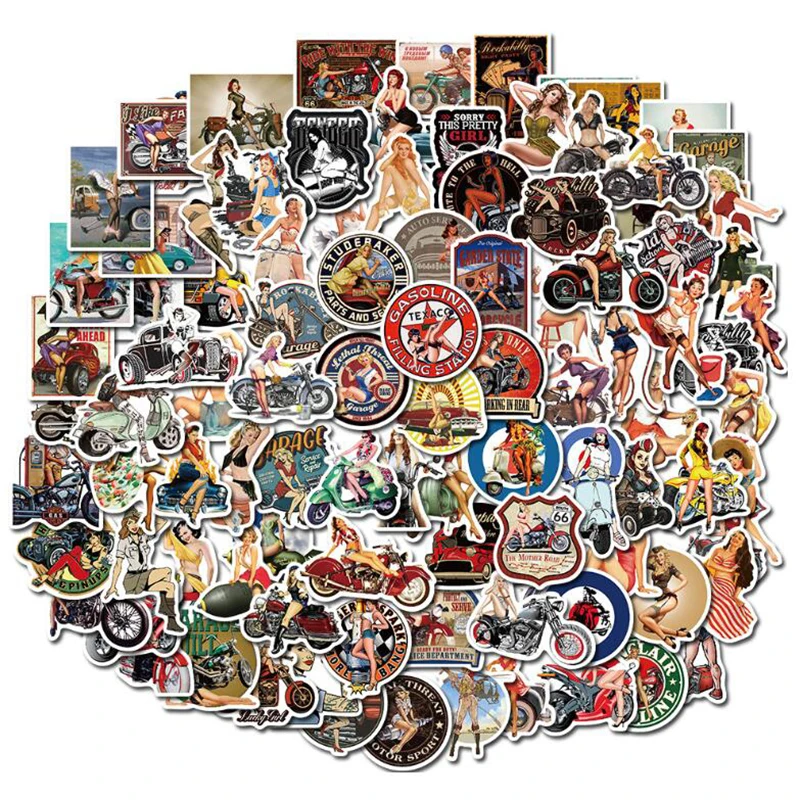 LL-136# European and American Motorcycle retro girl 100/pcs PVC Sticker Travel Suitcase Graffiti Styling Waterproof Stickers