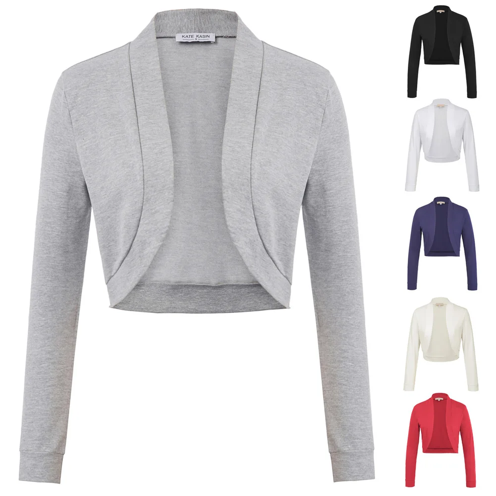 Casaco curto básico Kate Kasin feminino, manga comprida, pano cortado na frente aberta, jaqueta feminina, bolero de algodão, roupa casual, 2022