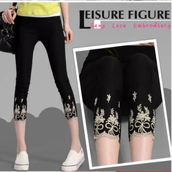 Women's Legging Thin Cotton 3/4 Capri High Waist Tummy Control Embrodiary Lace Short Legin Large Size 7XL 6XL 5XL XS White Black