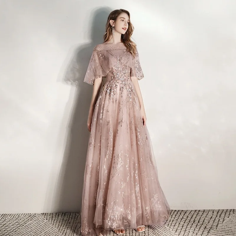 Neue Tüll lange Ballkleider halbe Ärmel Luxus Perlen schiere Hals Brautjungfer Kleid elegante Hochzeit Bankett formelle Kleid Party