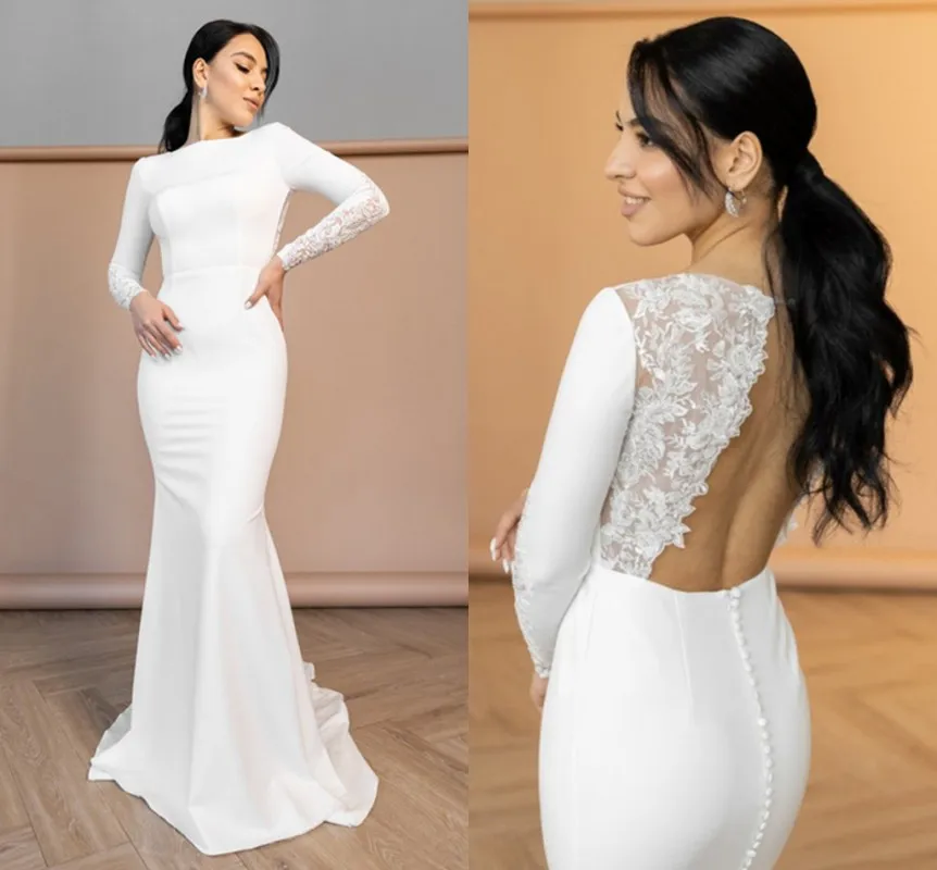 

Long Sleeves Mermaid Wedding Dress For Bride 2024 Sexy Backless Lace Appliques Side Split Sweep Train Modern Satin Bridal Gown