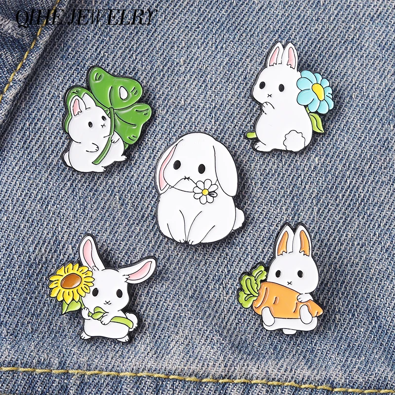 Rabbit Enamel Pin Cute Bunny with Leaf Sunflower Carrot Daisy Floral Brooches Metal Badges Kawaii Jewelry Gift for Girls