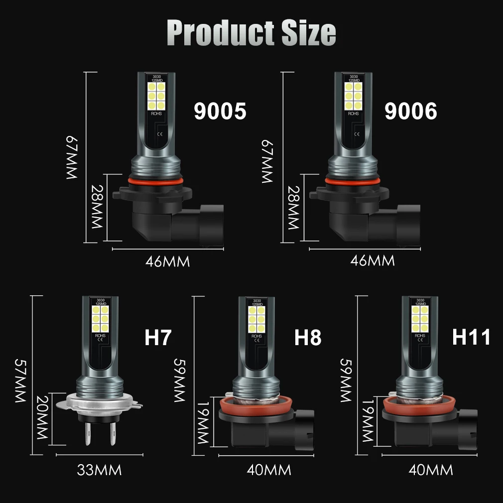 2pcs Super Bright H11 Led Bulbs H7 H8 H16 JP 9005 9006 HB4 HB3 Car 12SMD LED Fog Lights DRL Auto Lamp DC 12V 6000K White