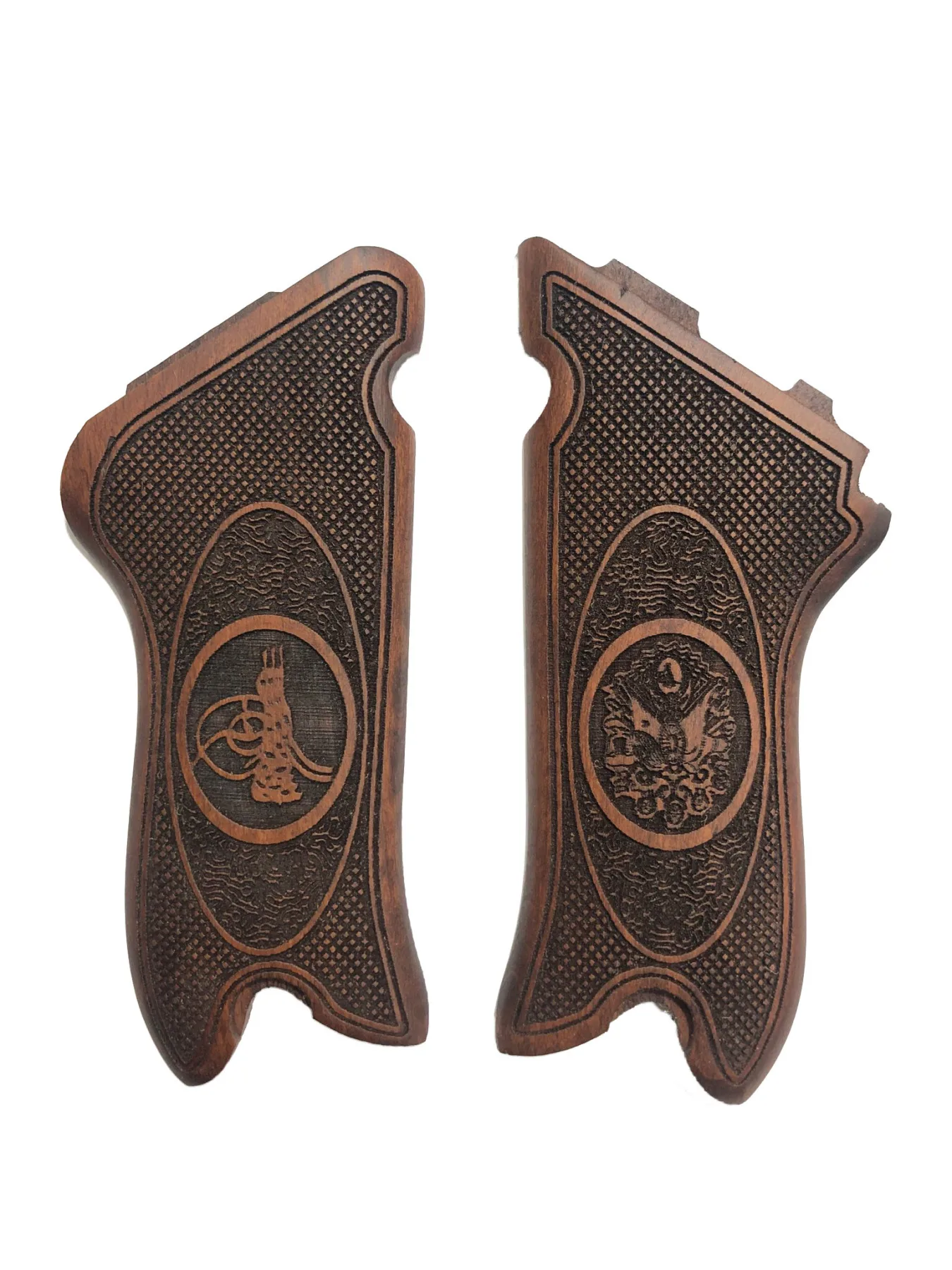 

Luger P08 Compatible Roller Parabellum Ottoman Starboard and Tuğra Model Laser Cutting Wooden Grip Mod3