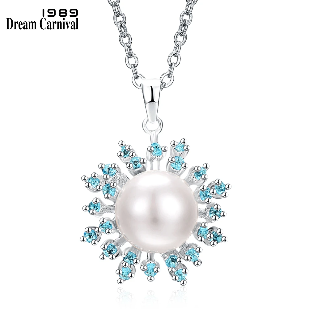 Dreamcarnival1989 Silver Plated Women Sweater Necklace 49mm Pendant Aquamarine Zircon 12mm White Pearl Anniversary Gift WP6914S