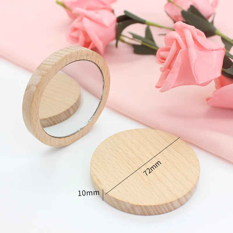 100pcs Wooden Small Round Mirror Portable Pocket HD Mirror Wood Mini Makeup Mirror F3147