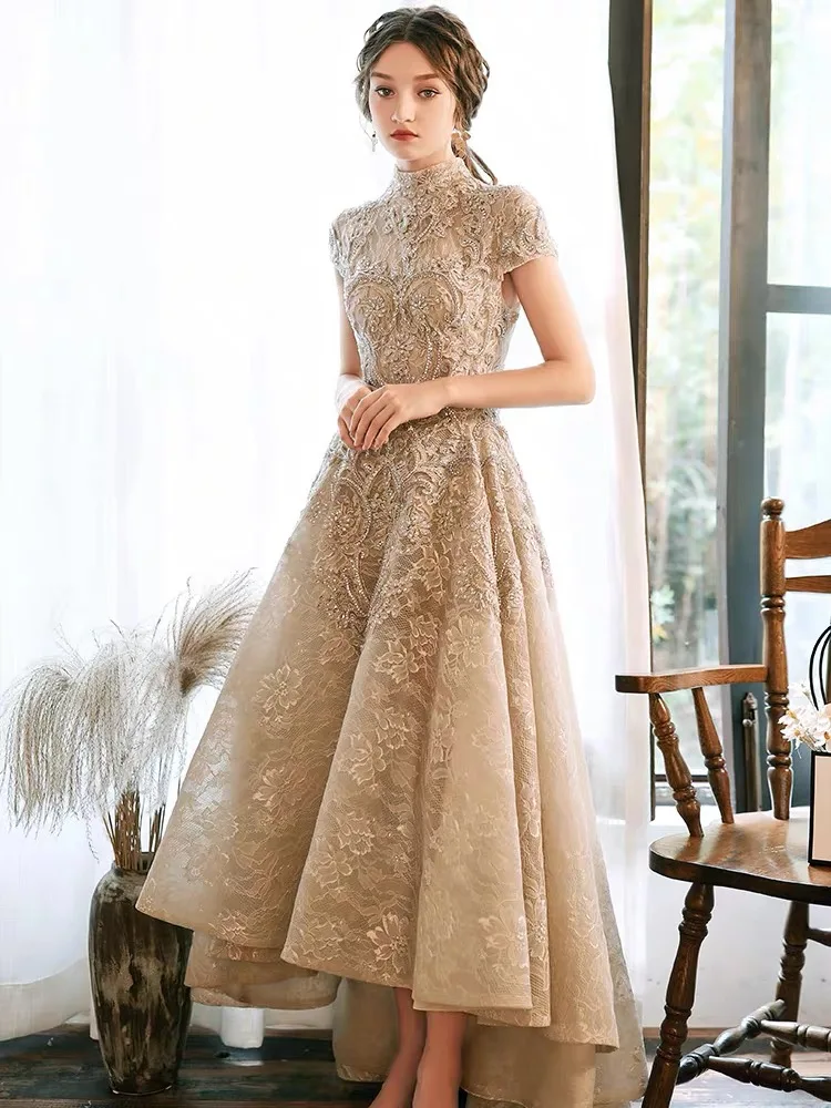 

Luxury Evening Dresses Short Sleeves Lace Beaded Short Front Long Back Formal High Neck A-Line Wedding Celebrity Prom Gowns New