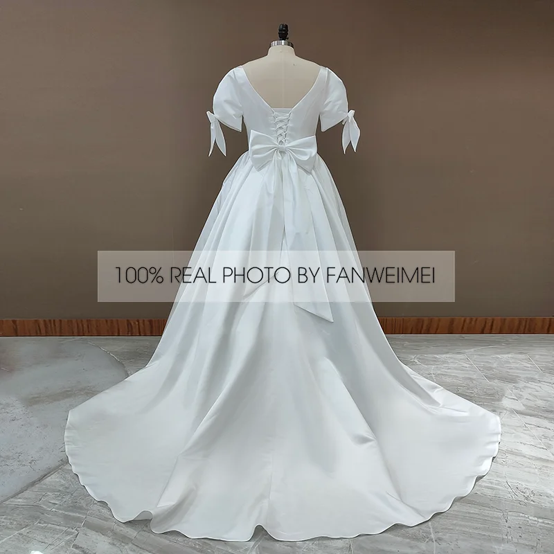 4294 # cetim colher vestidos de casamento bowtie elegante sem costas manga curta vestidos de noiva plus size vestido de casamento vestido de casamento