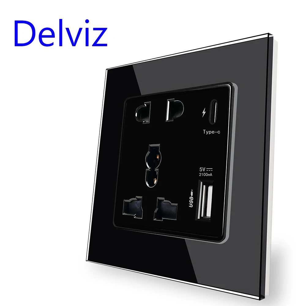 Delviz Power 2100MA USB Outlet, Crystal Glass Panel, 13A Universal jack, 18W 4A Smart Quick Charge, Wall Type C Interface Socket