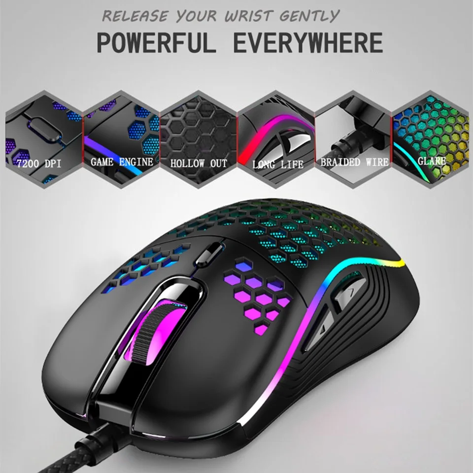 USB Wired Lightweight Gaming Mouse RGB Backlit Mouse with 6 Buttons 7200DPI Honeycomb Shell Mouse for PC Laptop Computer