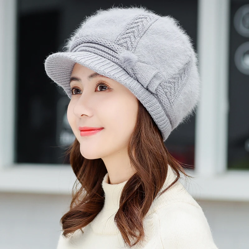 New Women Rrabbit fur ball cap winter hat girl knitted hats skullies beanies brand thick female cap 55-58CM