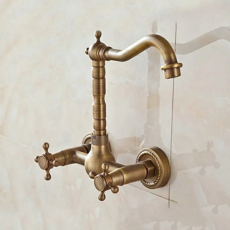 Cổ điển Retro Antique Brass Treo Tường Dual Cross Tay Cầm Xoay Bếp Phòng Tắm Chậu Basin Vòi Mixer Tap aan024