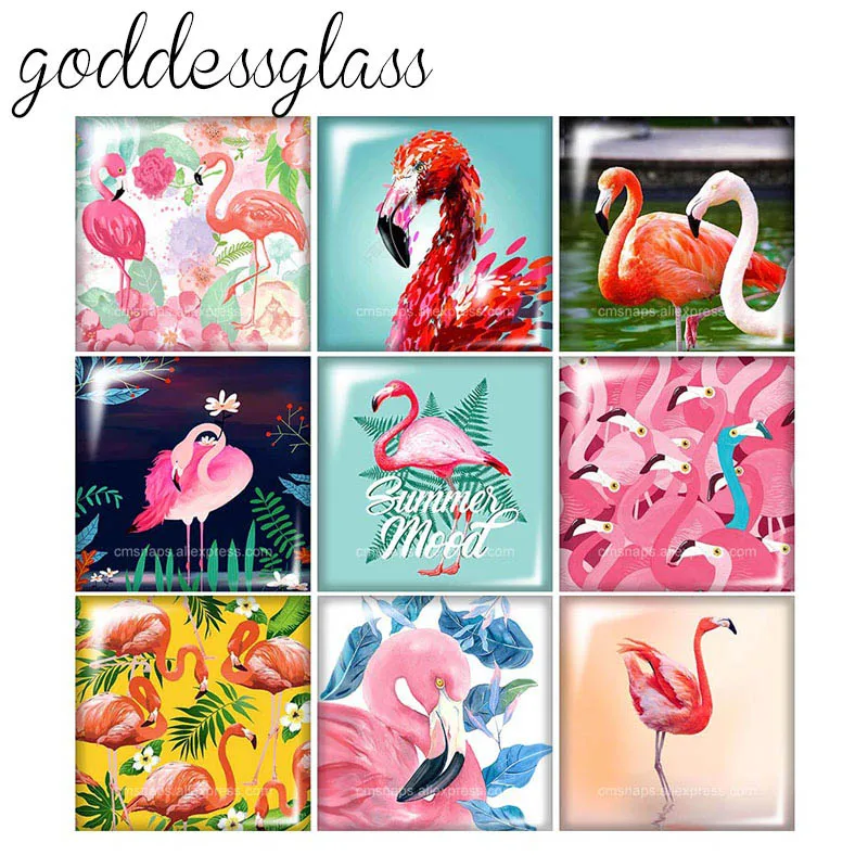 New Cute Flamingo Birds Love style Square 10pcs mixed 12mm/20mm/25mm/30mm photo glass cabochon demo flat back Making findings