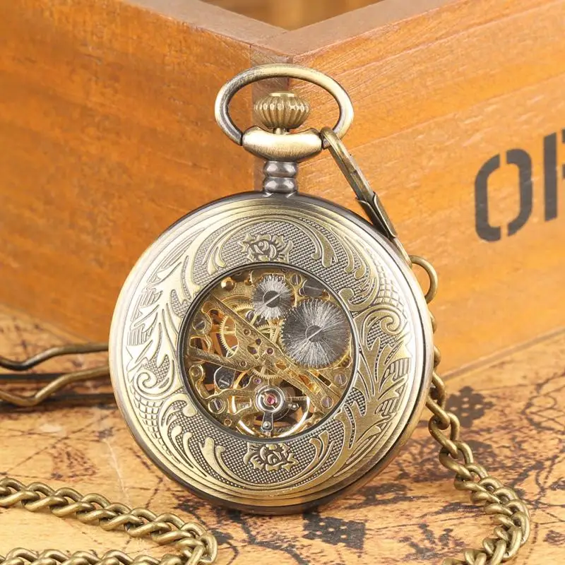 Steampunk Bronze Hollow Handwinding Mechanical Pocket Watch Roman Numerals Display Pendant Chain FOB Clock Gifts for Men Women
