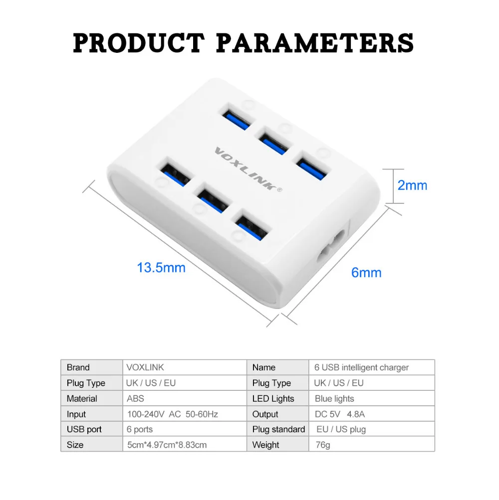 PUJIMAX USB Charger 24W 4.8A 6-Ports Hub USB Charging Station Multi Port Power Station for iPhone iPad Tablet huawei Xiaomi