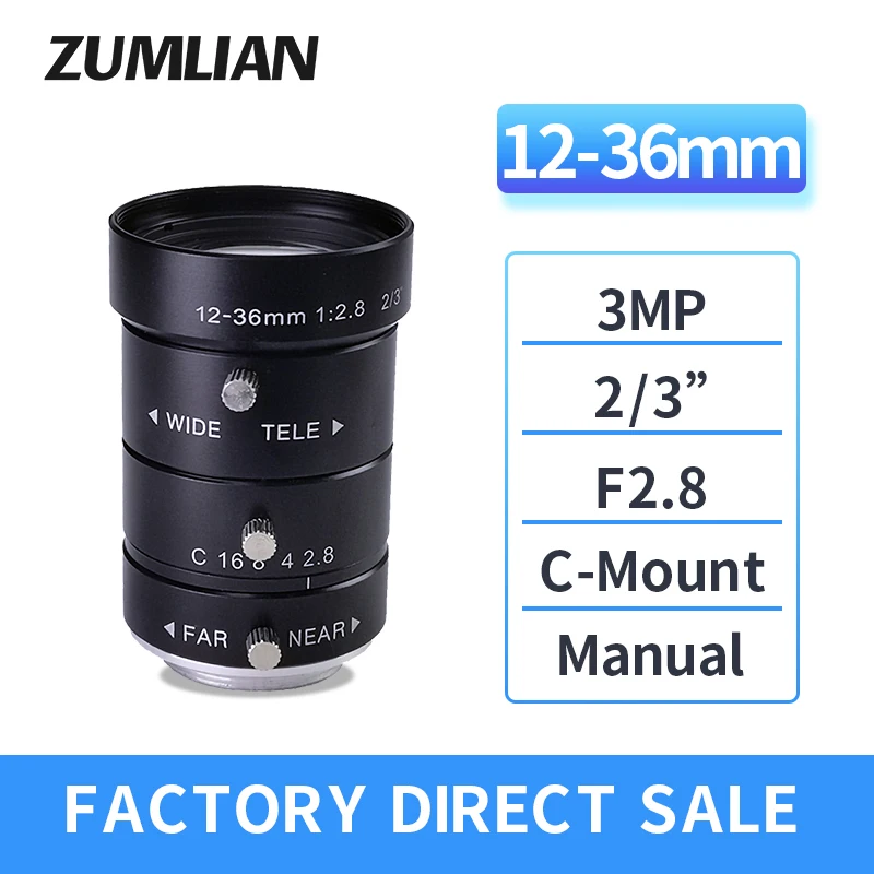 Industrial-grade FA Lens 3MP C-Mount 12-36mm Lens HD Manual Iris Machine Vision Lens 2/3