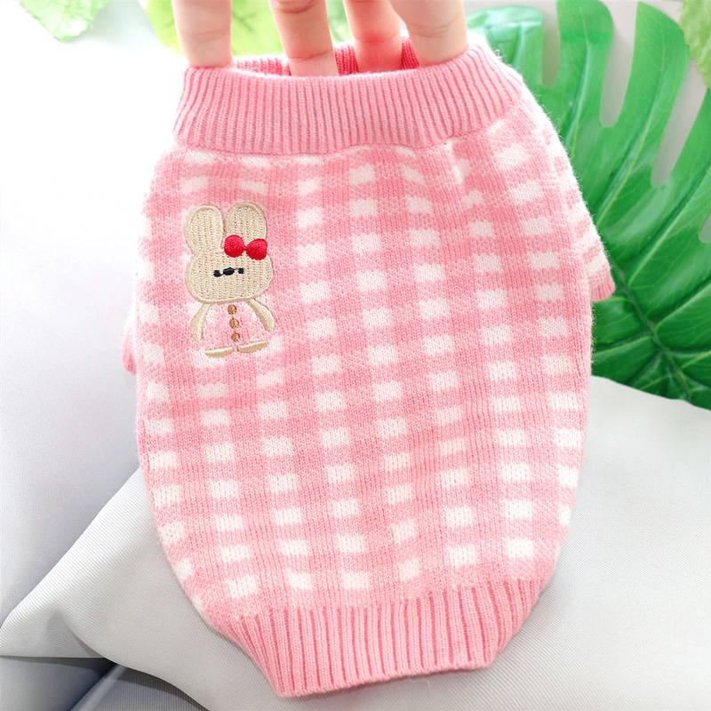 

Pink Plaid Dog Sweater Fall Winter Clothes Puppy Knitwear Teddy Bichon Pullover Warm Pet Clothes Cartoon Bunny Clothes