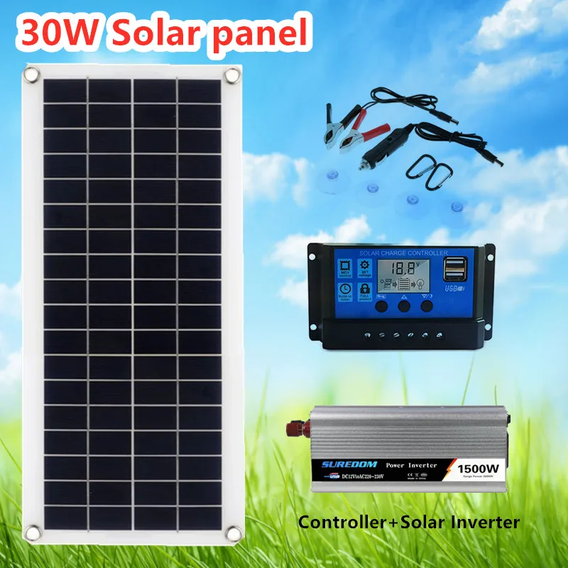 

30W Solar Panel Kit 12V USB Charger With 60A Controller 800W/1000W/1500W Solar Inverter for Car Yacht RV Boat Moblie Phone