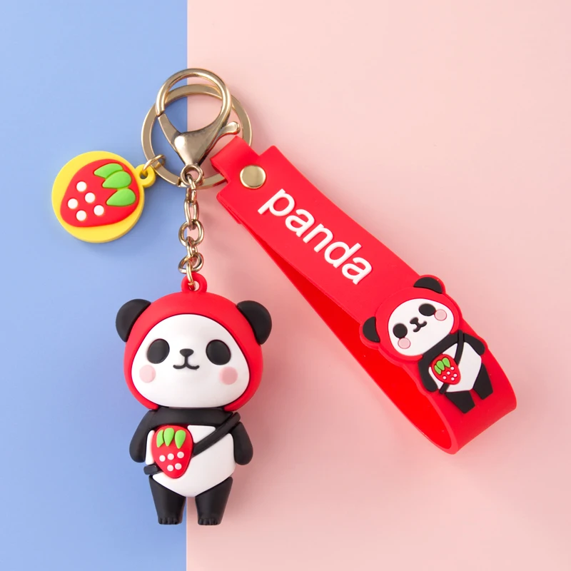 Cartoon Fruit Panda Keychain Blue Yellow Red Pink Soft PVC Doll Lover Car Keyring Cute Female Bag Ornaments Girl Boy Toy Lanyard