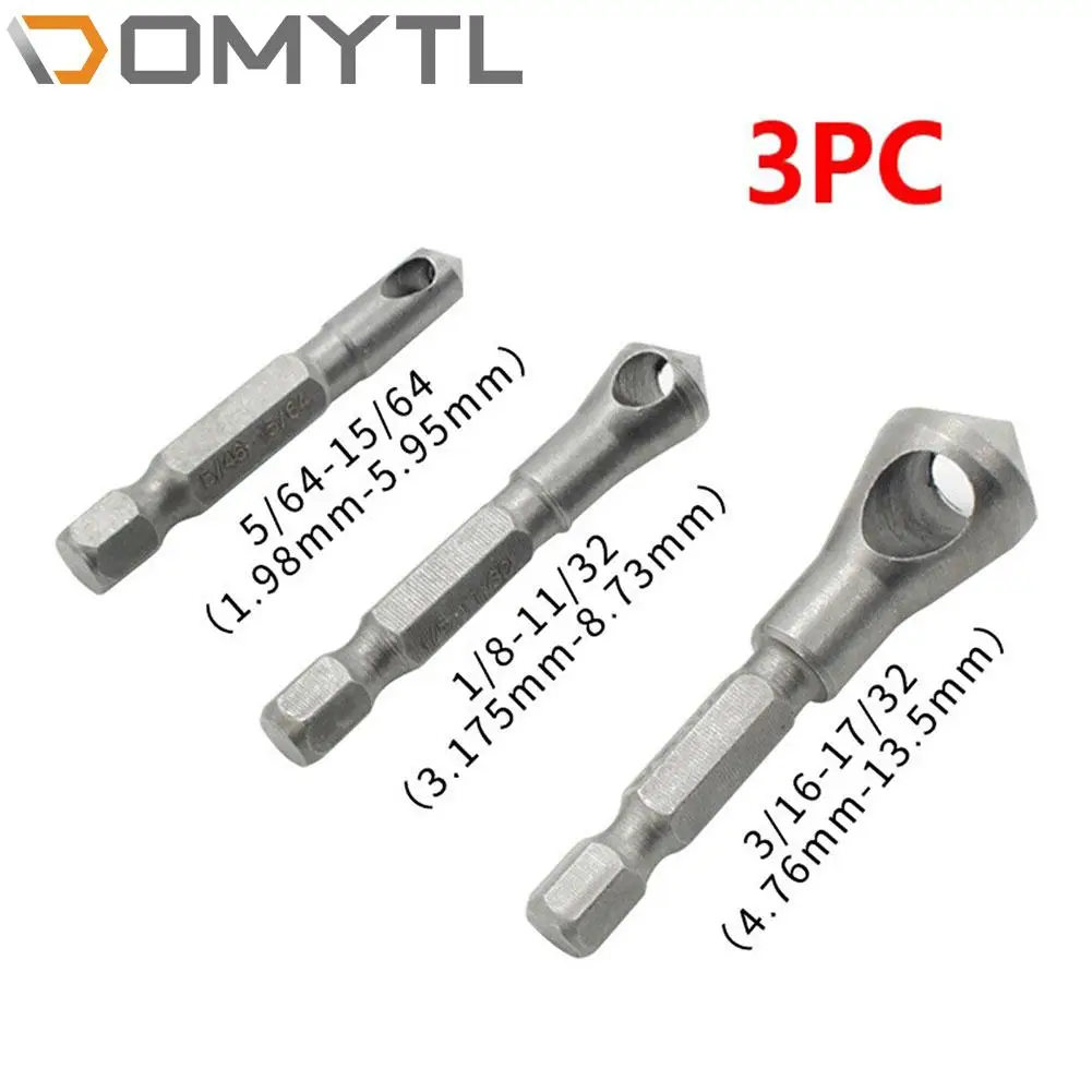 

Chamfering Device 90° inch internal Chip Removal Countersink Drill 6.35 Hexagon Shank Deburring 3pcs Woodworking Hole Opener Set