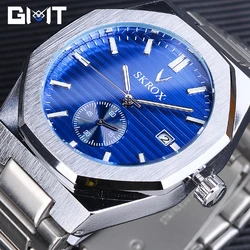 SKROX Fashion Blue Men Watches Casual Waterproof Stainless Steel Business Mechanical Watch Top Brand Luxury Sport Date Clock