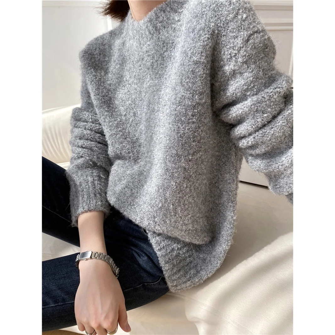 [ZAYAU]Soft Waxy Alpaca Loop Yarn Blended Casual Pullover Sweater women\'s Lazy Wind Round Neck Autumn Winter Thickened 2021