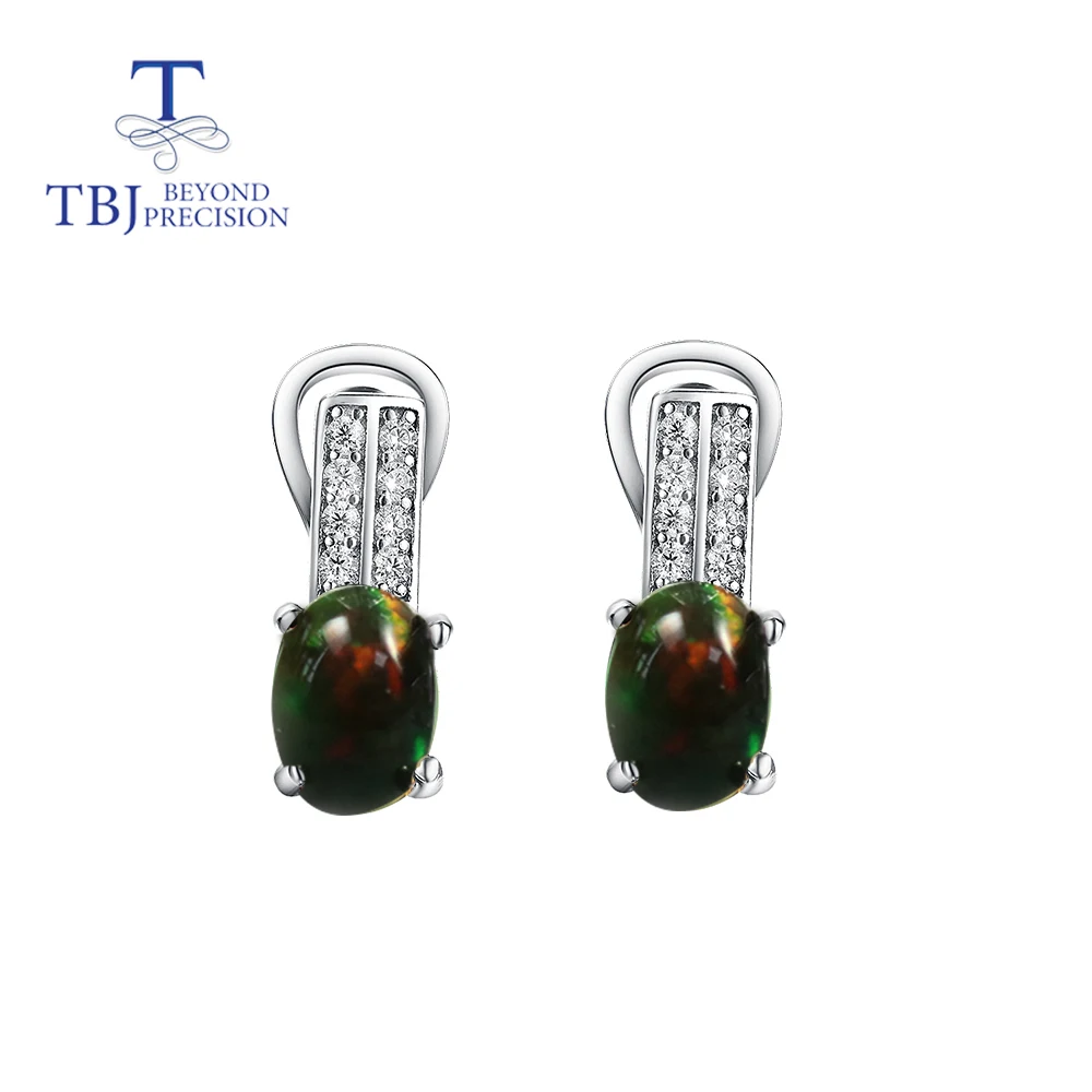 TBJ,Natural Black opal clasp earring oval cut 5*7mm 925 sterling silver 1.8ct ethiopia Opal gemstone jewelry for women wear