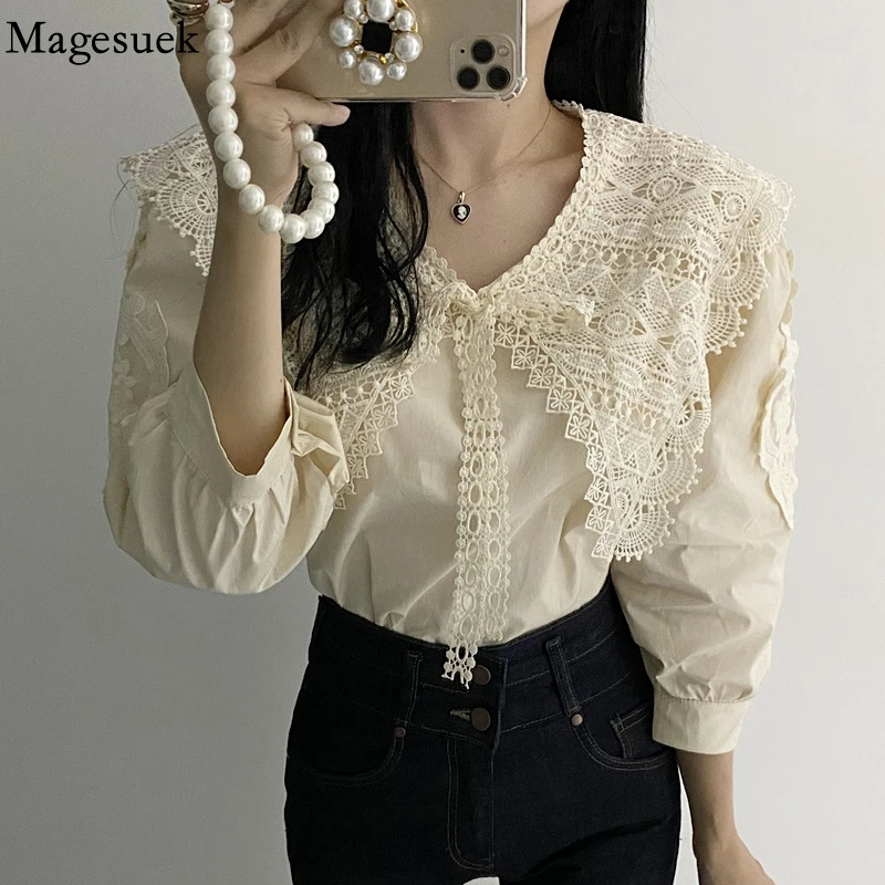 Korean Embroidery Lace Stitching Blouse Women Autumn Hollow Out Big Lapel Lantern Sleeve Loose Shirt Sweet Lace-up Tops 17579