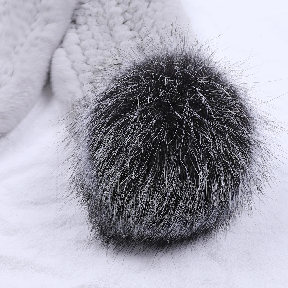 Genuine Women\'s Rex Rabbit Fur Scarf Knitted Fur Scarves Girls Natural Fur Wraps Neck Warmer Silver Fox Fur Pom Poms Neckerchief