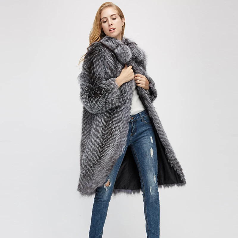 Winter fur coat real silver fox fur long coat female fox fur collar