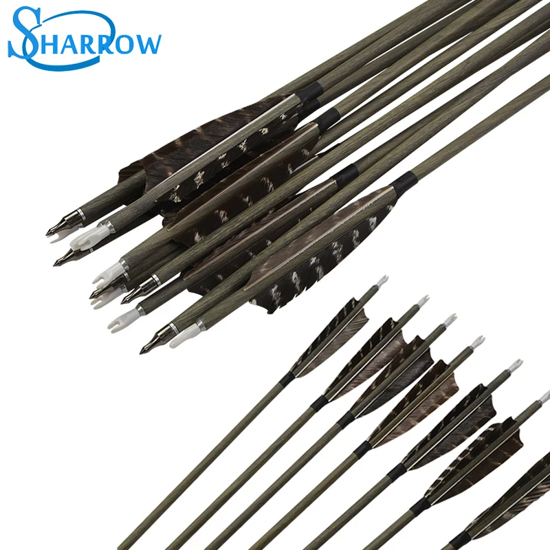 

Archery Wood Grained Carbon Arrows 6/12pcs Spine 350 With Real Turkey Feather 31 Inch For Compound Bow Recurve Bows Accessory