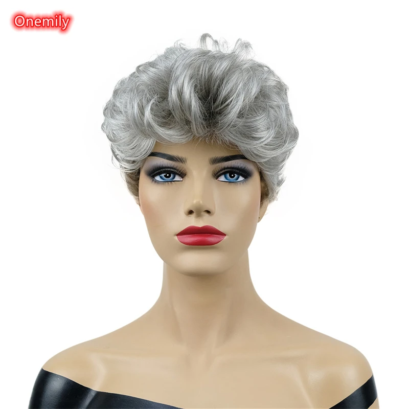 Onemily-Peluca de cabello Natural sintético para mujer, pelo ondulado corto con flequillo, color gris