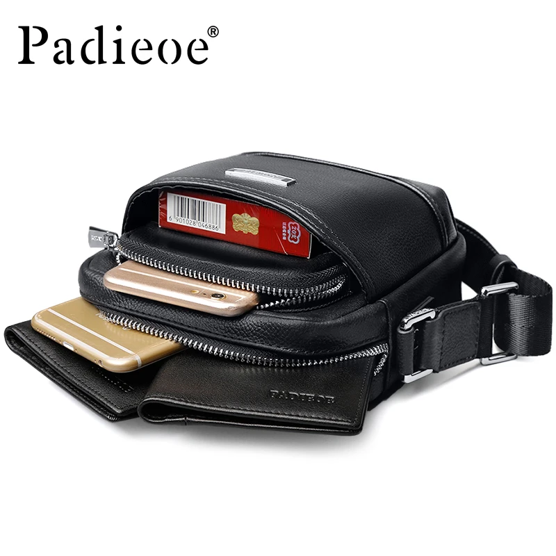 Padieoe genuine leather shoulder bag for man small high quality men crossbody bag black cow leather mini messenger bag man