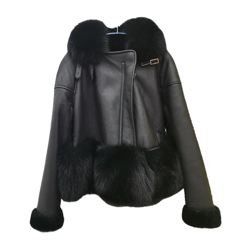 2022 New Casual Winter Vrouwen Dubbele Geconfronteerd Jas Met Fox Bontkraag Real Leather Jacket Warm Wol Liner