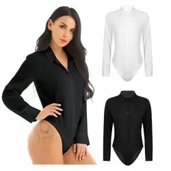 Women Shirt Bodysuits Pajamas One-Piece Long Sleeve Turn-down Collar Solid Color Jumpsuit Underwear Female Casual Clothes