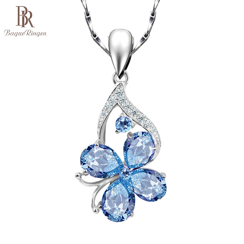 Bague Ringen Female Neck Jewelry Clover Pendant Necklace For Women Artificial Aquamarine Charms Butterfly Female Clavicle Chain