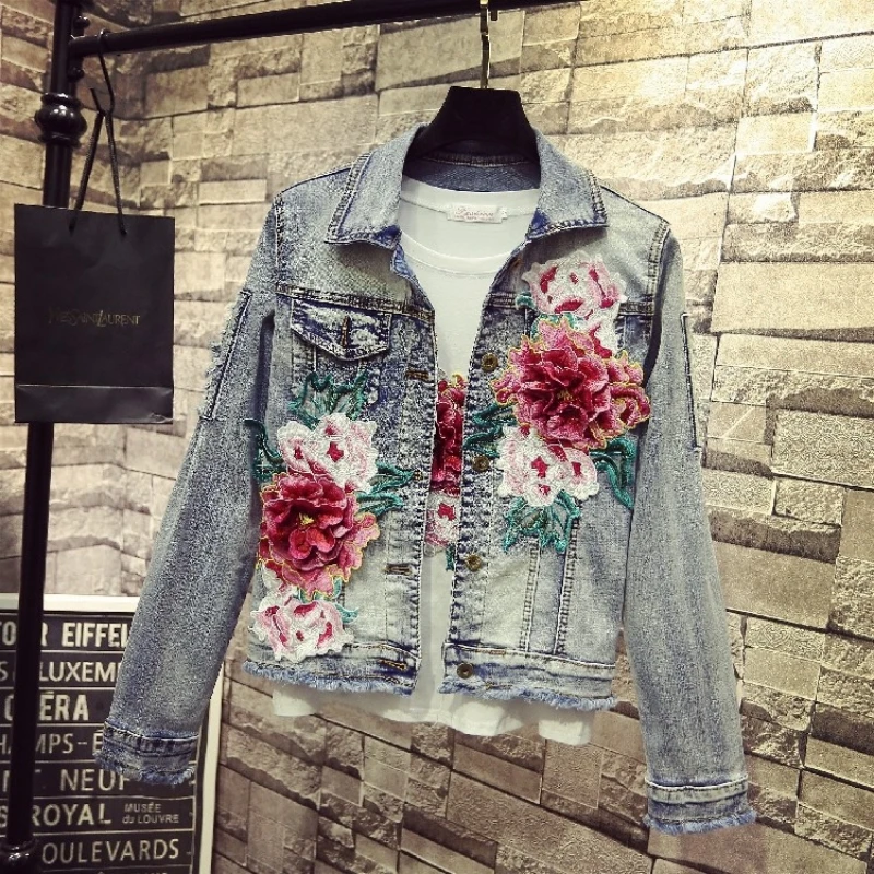 Spring Summer Embroidery Denim Vest Women Fashions Hole Ripped Flower Customize Streetwear Long Sleeve Jean Jacket