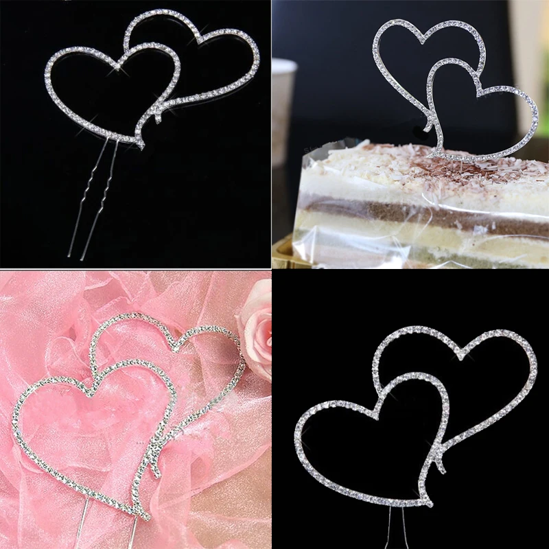 New Cake Topper romantico cristallo strass argento doppio cuore Cake Topper decorazione di cerimonia nuziale decorazione di capodanno