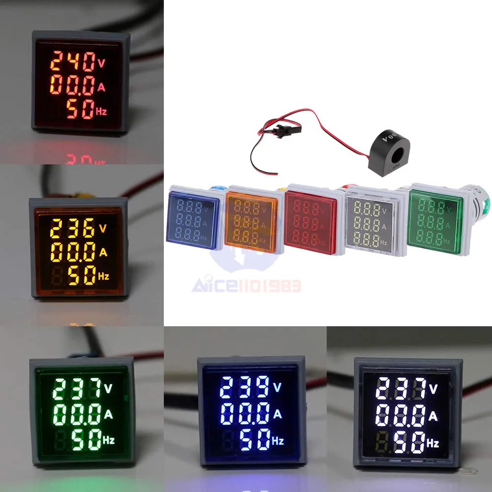 22mm Square Digital LED Voltmeter Ammeter Hertz Meter AC 60-500V 0-100A 20-75Hz Current Voltage Frequency Indicator with Coil