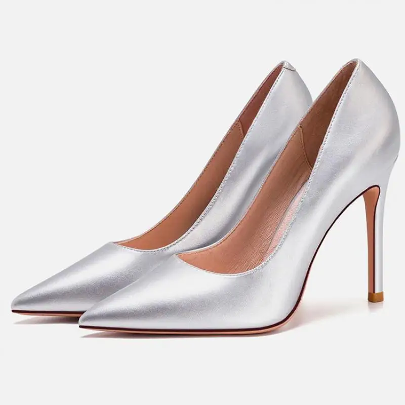 Genuine Leather High Heel Bride Wedding Shoes Women Thin Heel Pumps Size 31 To 44 Sexy White Green Red Silver Shoes Women